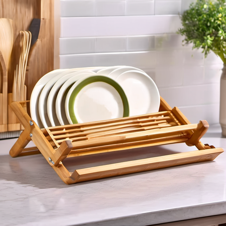 Cozy Haven hosting night lifestyle image for Cozy Haven Plate Holder Bamboo Dish Drying Rack