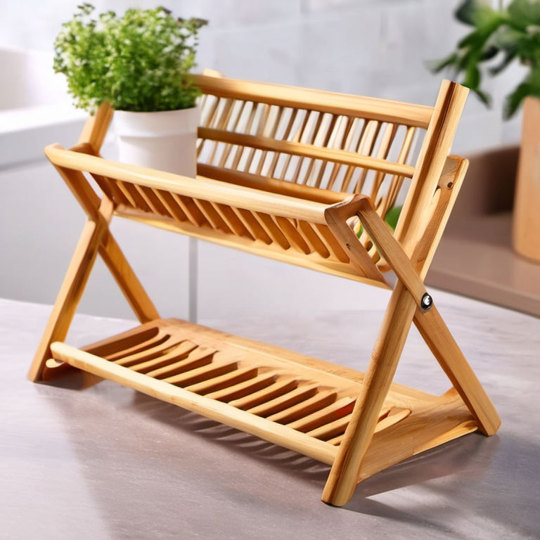 Cozy Haven open shelf lifestyle image for Cozy Haven Plate Holder Bamboo Dish Drying Rack