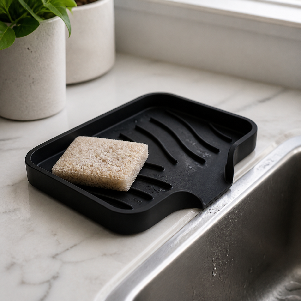 Cozy Haven black self-draining silicone soap and sponge tray by a kitchen sink
