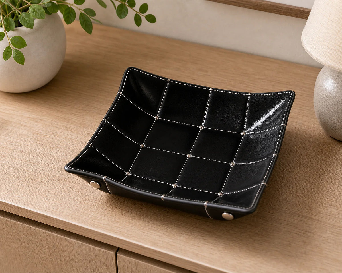 Cozy Haven Leather-Look Entryway Catchall Tray styled in a home setting