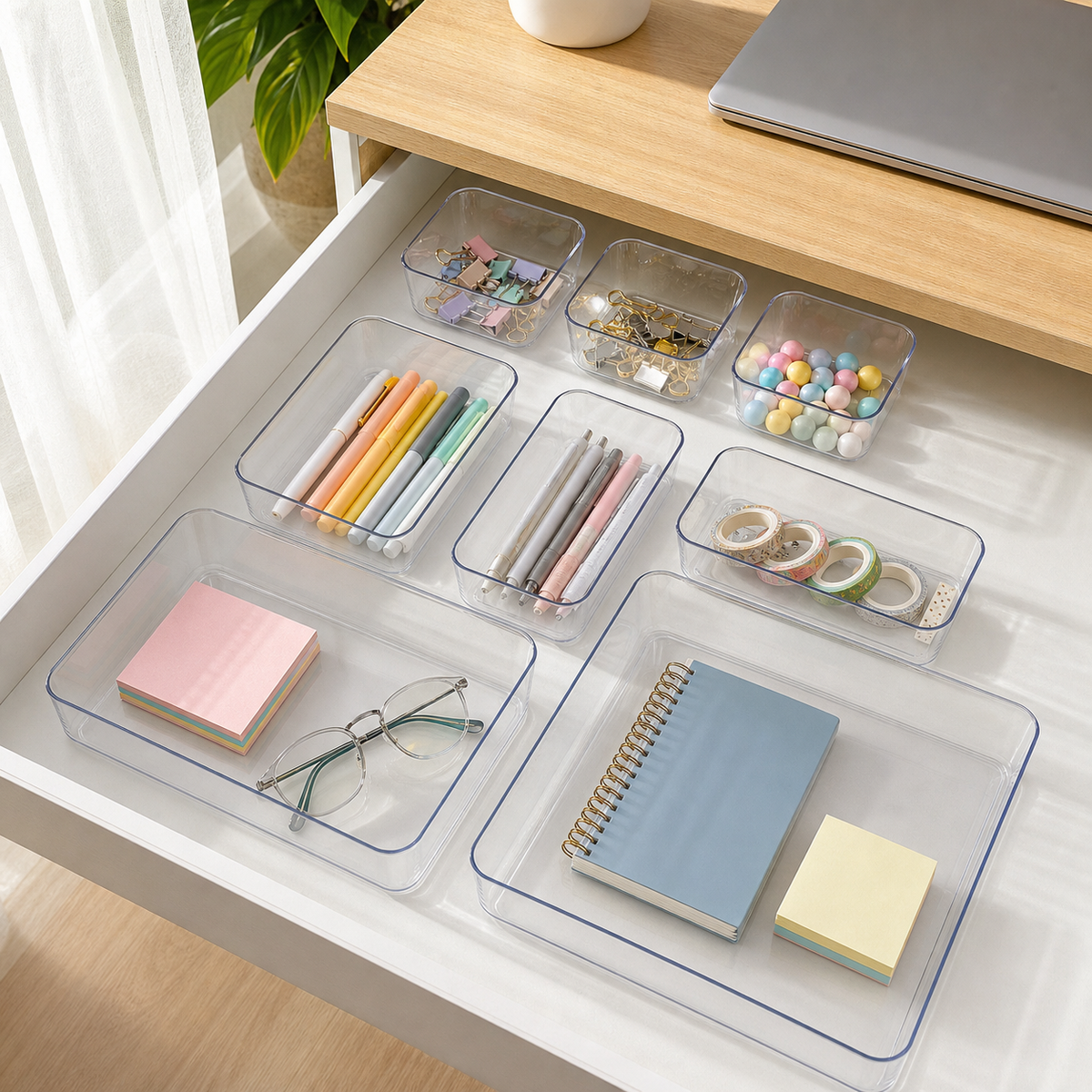 Cozy Haven Clear Acrylic Desktop Drawer Organizer styled in a home setting