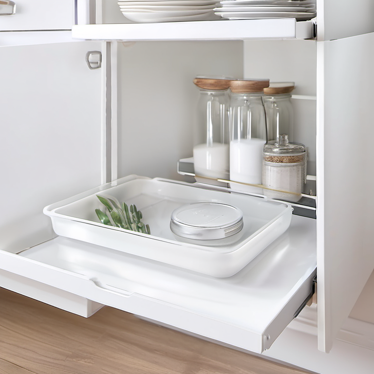 Cozy Haven open shelf lifestyle image for Cozy Haven Clear Acrylic Desktop Drawer Organizer