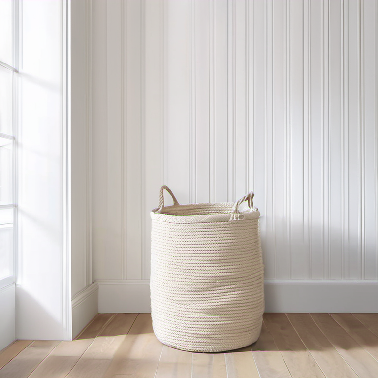 Cozy Haven entryway order lifestyle image for Cozy Haven Cotton Rope Laundry Basket Hamper
