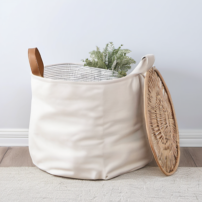 Cozy Haven desk storage lifestyle image for Cozy Haven Canvas Toy Storage Basket