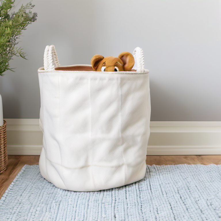 Cozy Haven detail close lifestyle image for Cozy Haven Canvas Toy Storage Basket