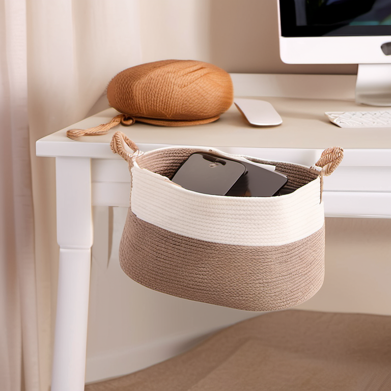 Cozy Haven desk storage lifestyle image for Cozy Haven Cotton Rope Toy Storage Basket
