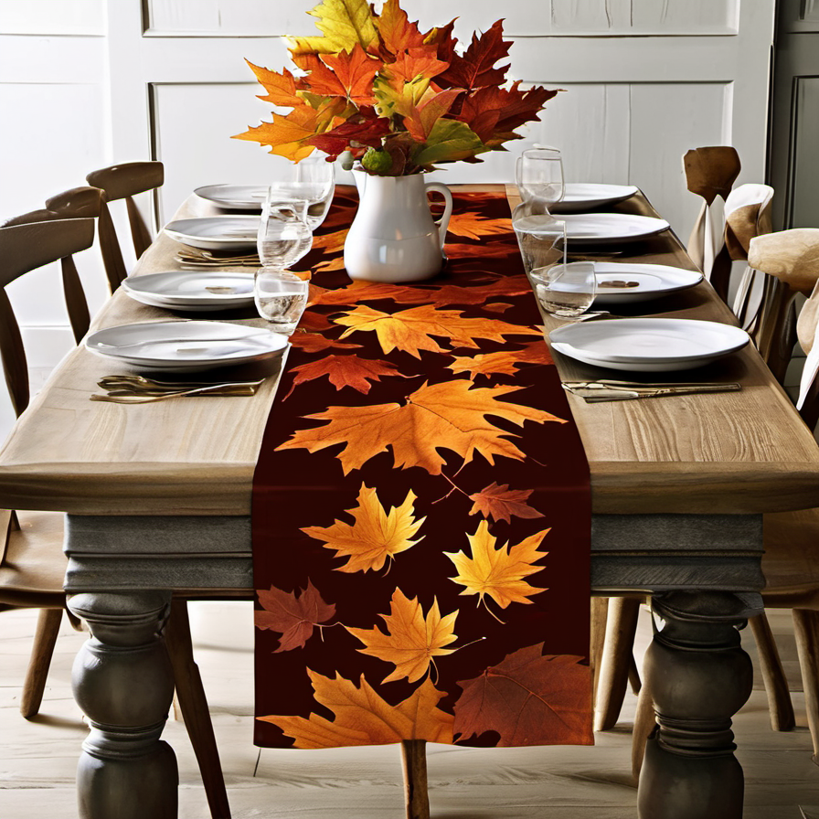 Cozy Haven bed layering lifestyle image for Cozy Haven Maple Leaf Autumn Table Runner