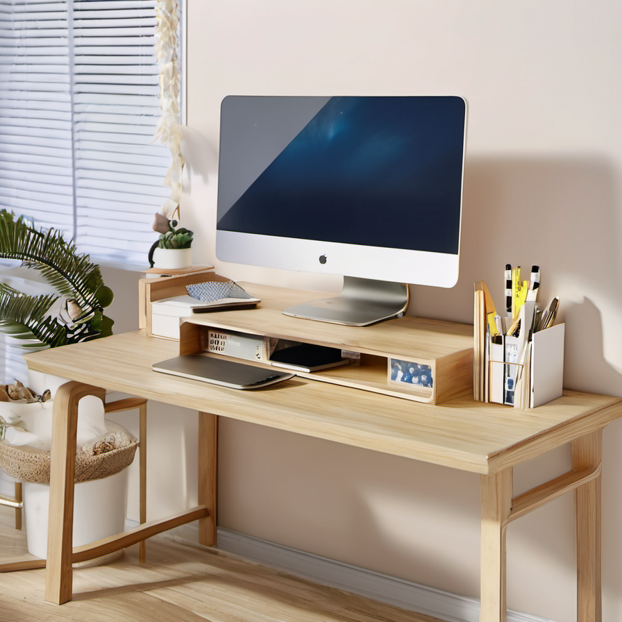 Cozy Haven desk storage lifestyle image for Cozy Haven Minimal Monitor Riser Shelf