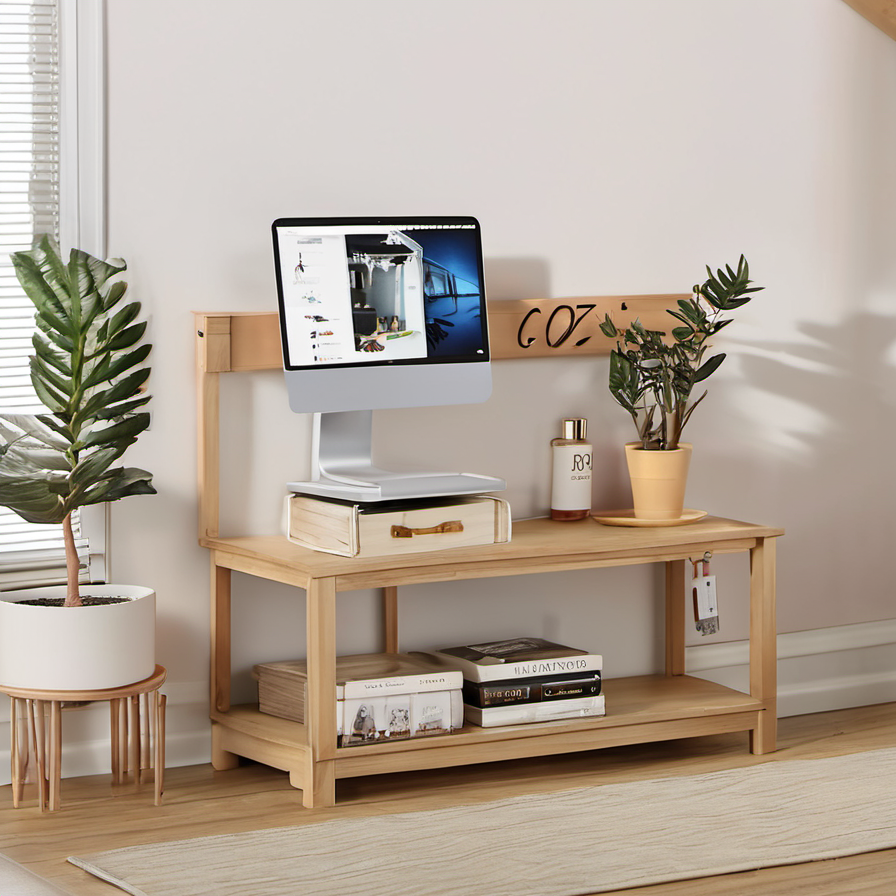 Cozy Haven entryway order lifestyle image for Cozy Haven Minimal Monitor Riser Shelf