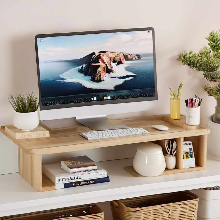 Cozy Haven laundry utility lifestyle image for Cozy Haven Minimal Monitor Riser Shelf