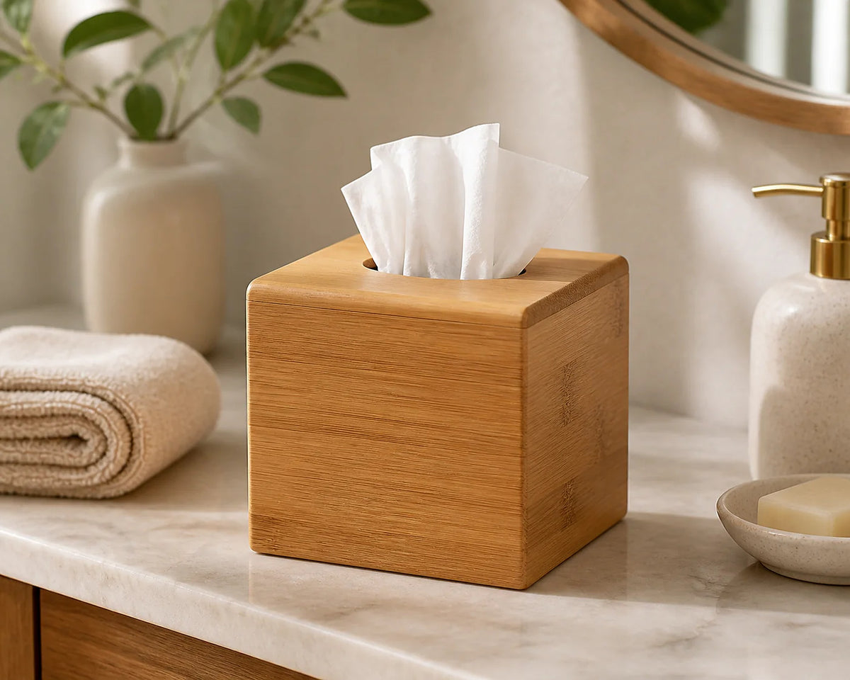 Cozy Haven Bamboo Tissue Box Cover styled in a home setting