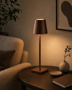 Coffee LED classic table lamp on a warm side table