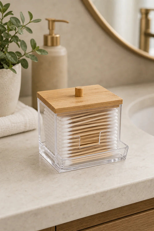 Cozy Haven Acrylic Cotton Swab Holder with Bamboo Lid lifestyle image 1
