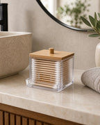 Cozy Haven Acrylic Cotton Swab Holder with Bamboo Lid styled bathroom view 2