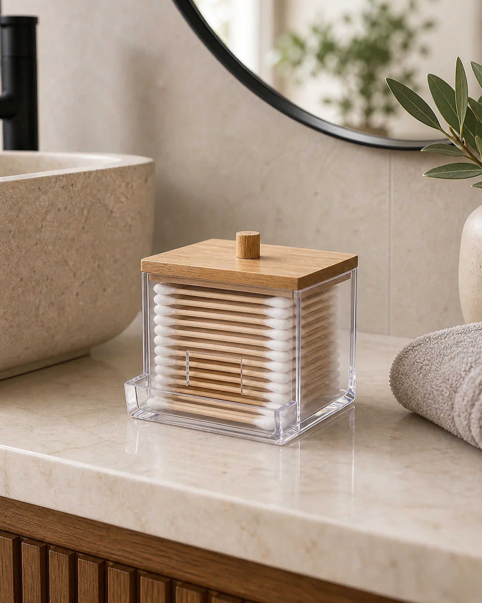Cozy Haven Acrylic Cotton Swab Holder with Bamboo Lid lifestyle image 2