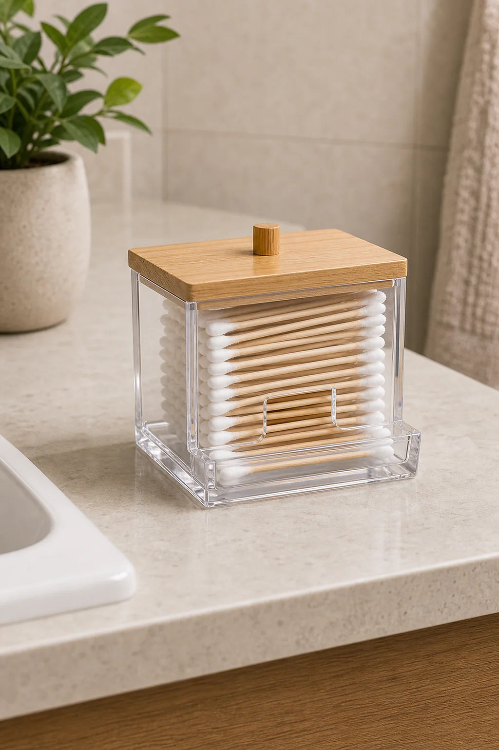 Cozy Haven Acrylic Cotton Swab Holder with Bamboo Lid lifestyle image 3