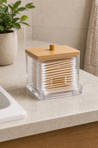 Cozy Haven Acrylic Cotton Swab Holder with Bamboo Lid styled bathroom view 3