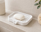 Cozy Haven Self-Draining Silicone Soap Tray styled bathroom view 1