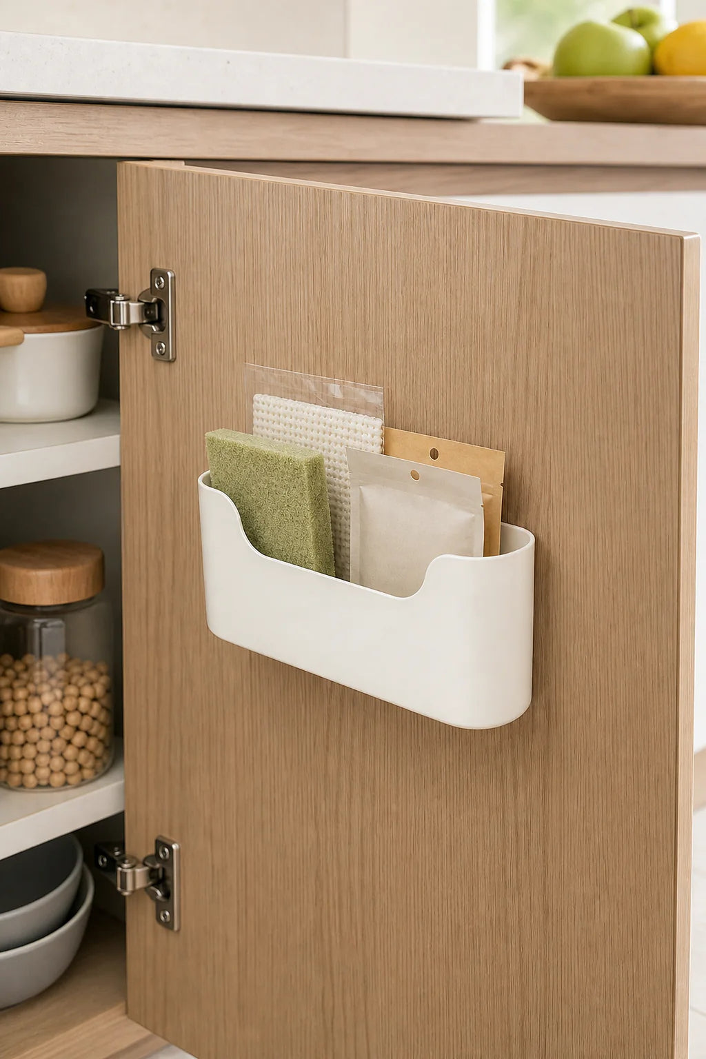 Cozy Haven No-Drill Cabinet Door Storage Bin styled kitchen view 1