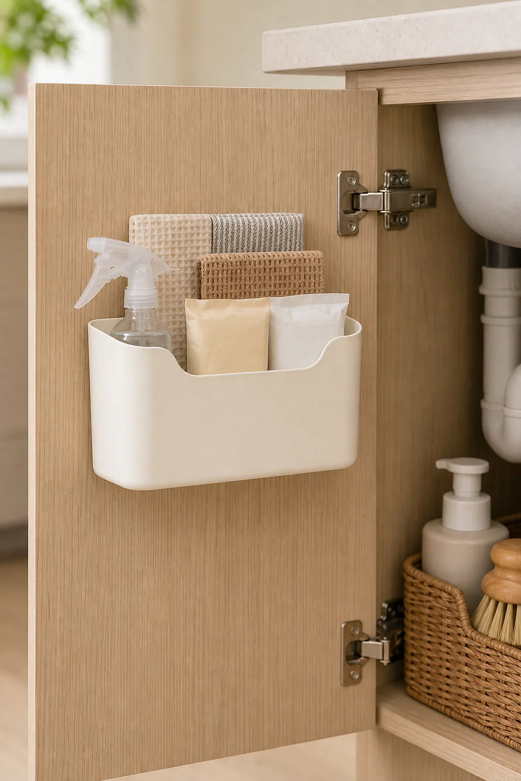 Cozy Haven No-Drill Cabinet Door Storage Bin styled kitchen view 3