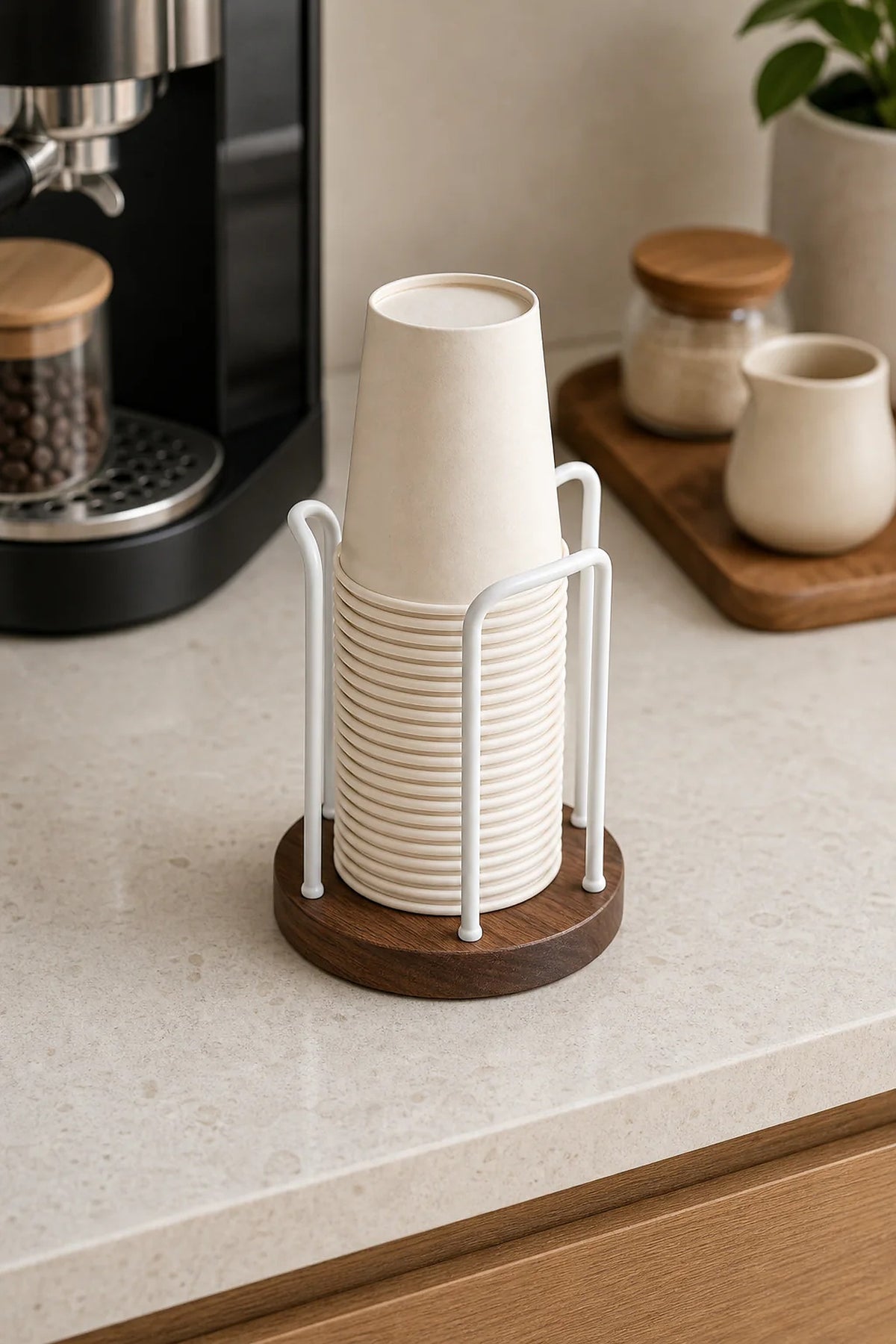 Cozy Haven Wood Countertop Cup Holder styled in a home setting