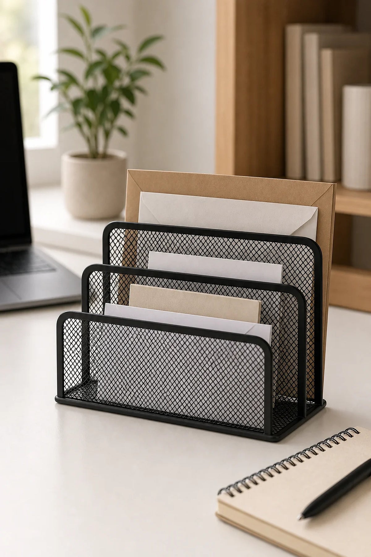 Cozy Haven Black Mesh Desktop File Organizer styled in a home setting