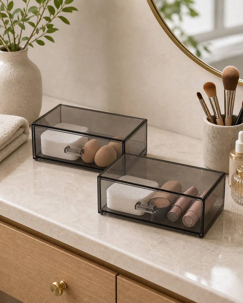 Cozy Haven Smoke-Clear Acrylic Makeup Drawer Organizer - Medium + Small Set / 3 Pieces, Large + Medium Set / 3 Pieces, +1 more