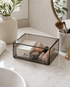 Cozy Haven Smoke-Clear Acrylic Makeup Drawer Organizer styled bathroom view 6