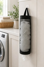 Cozy Haven black wall-mounted grocery bag holder for pantry or laundry storage