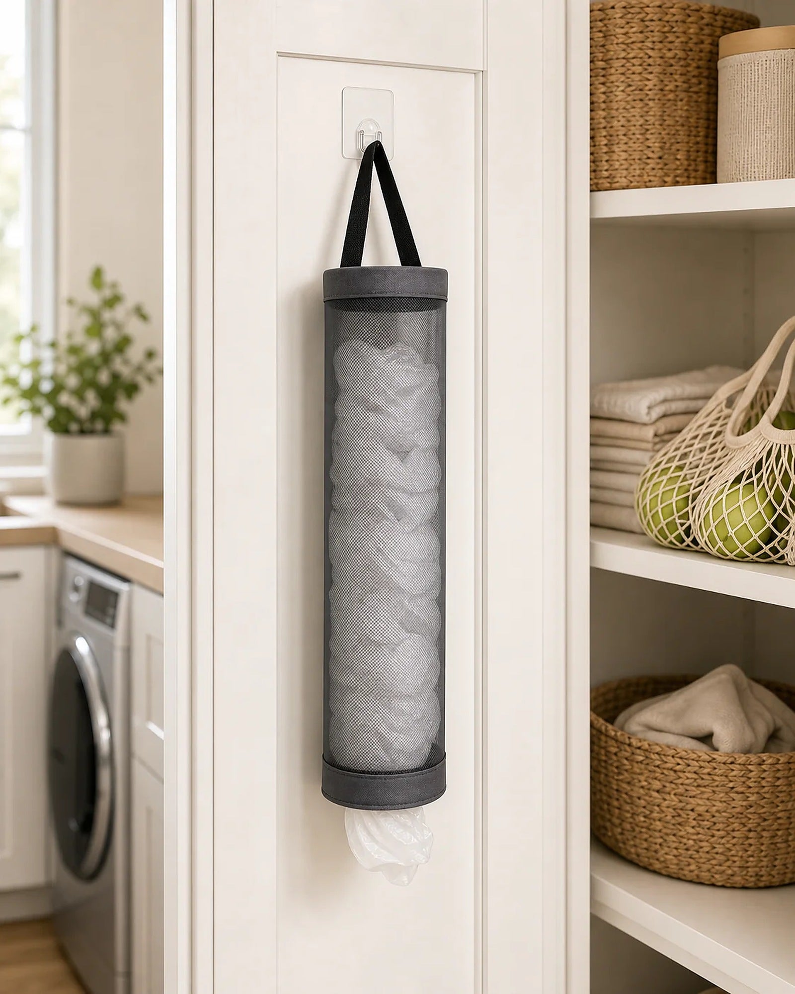 Cozy Haven gray wall-mounted grocery bag holder in utility room