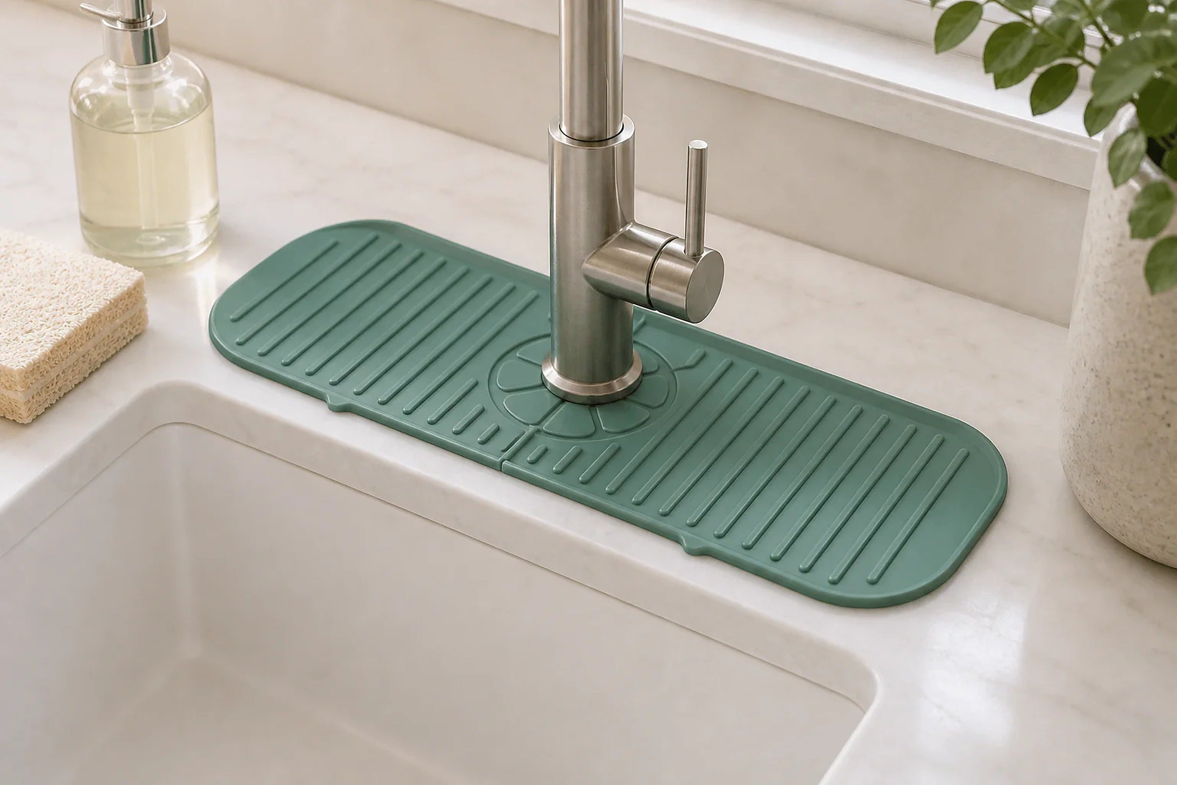 Cozy Haven Silicone Faucet Splash Mat styled kitchen view 1