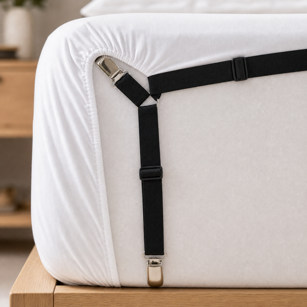 Cozy Haven Bed Sheet Straps - black corner strap close-up