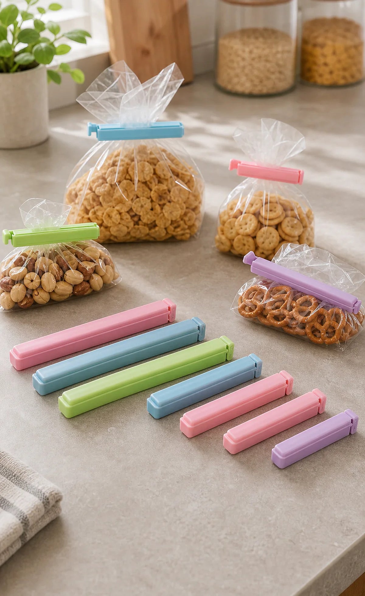 Cozy Haven Airtight Food Bag Clips - 12 Piece Set styled in a home setting