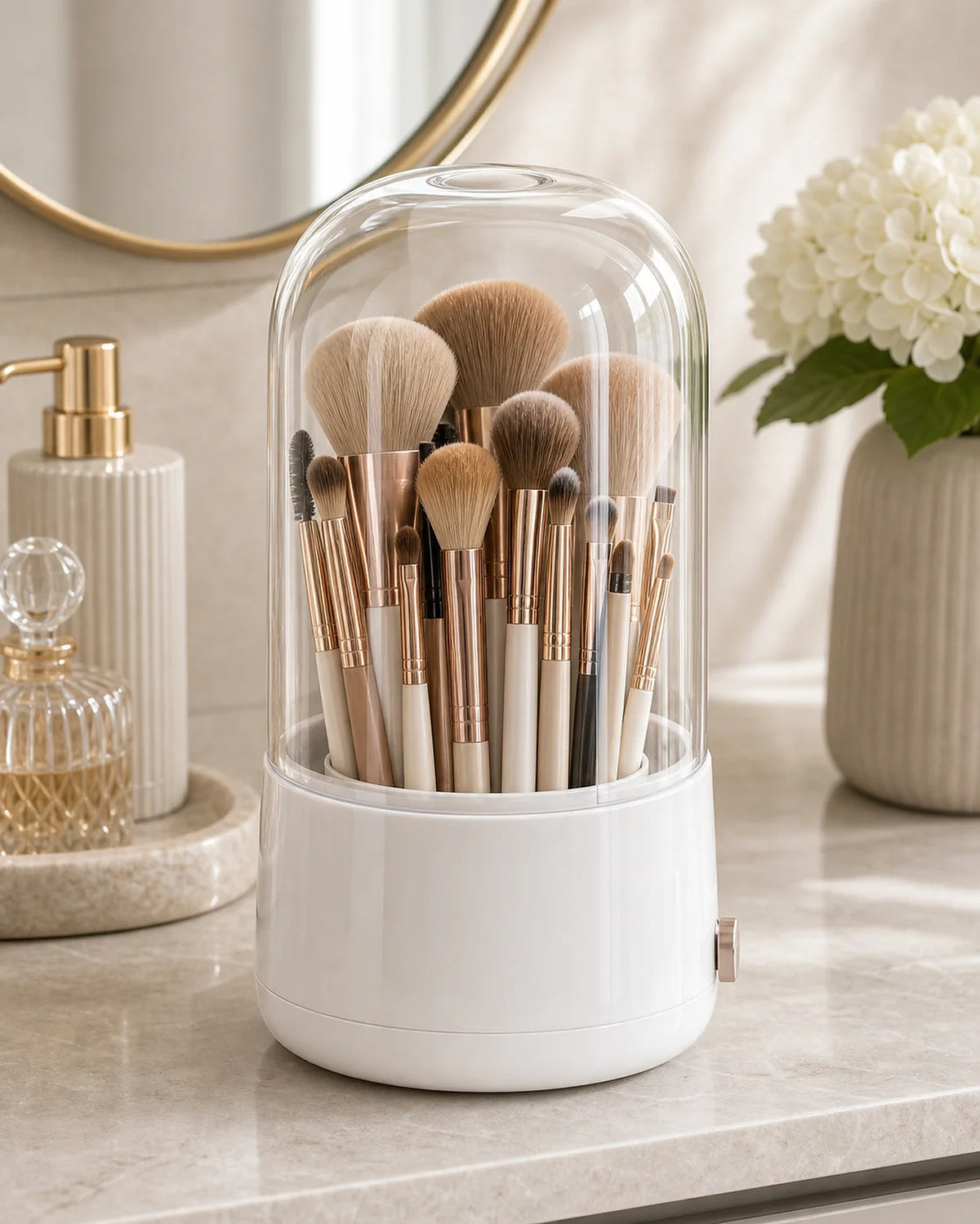 Cozy Haven Clear-Dome Rotating Makeup Organizer styled in a home setting
