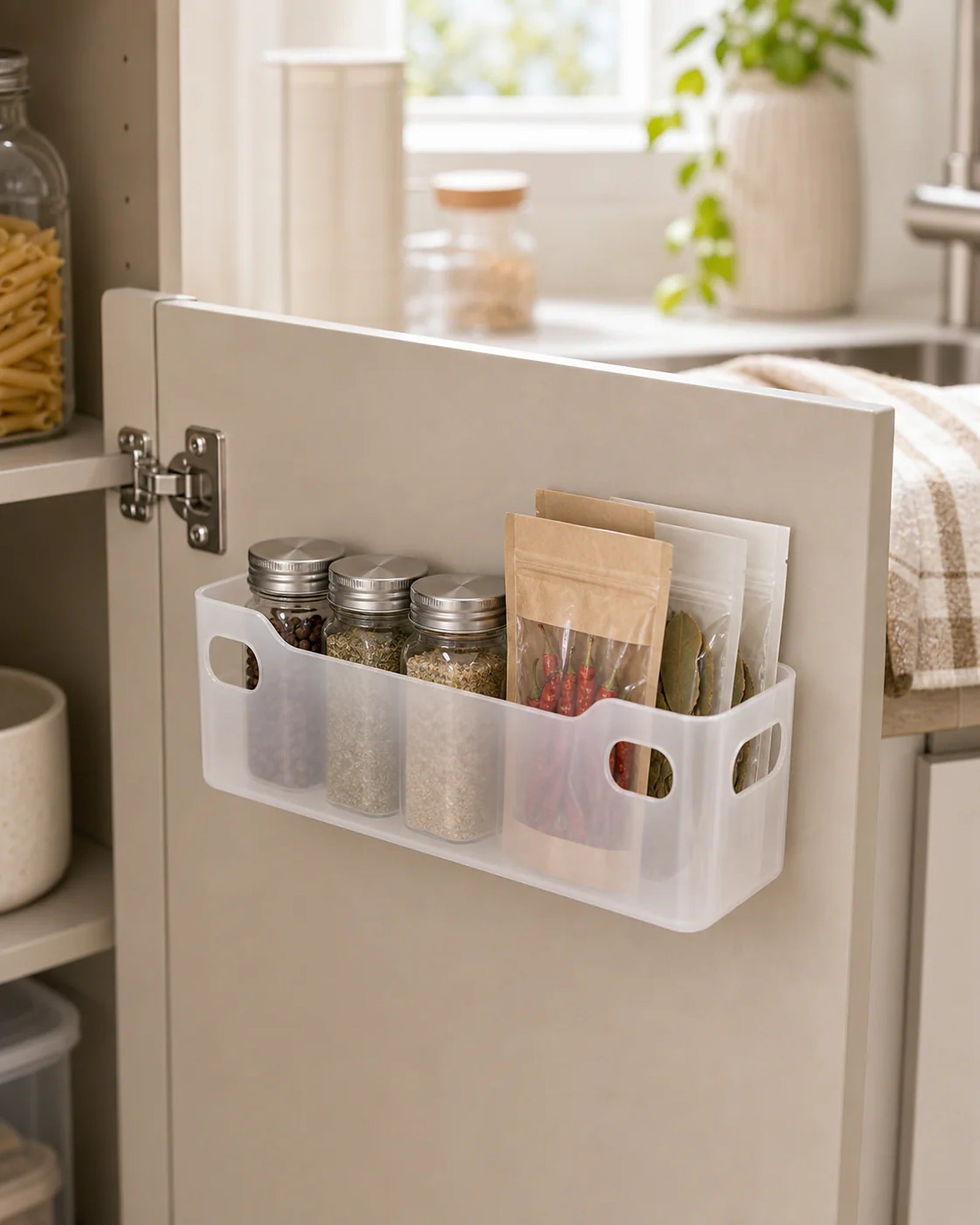 Cozy Haven Transparent Cabinet Door Storage Rack styled kitchen view 1