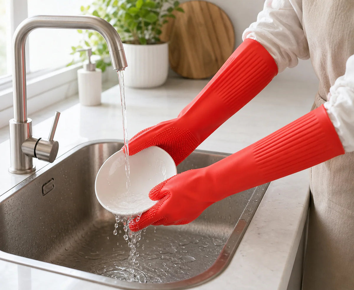 Cozy Haven Silicone Cleaning Gloves styled in a home setting