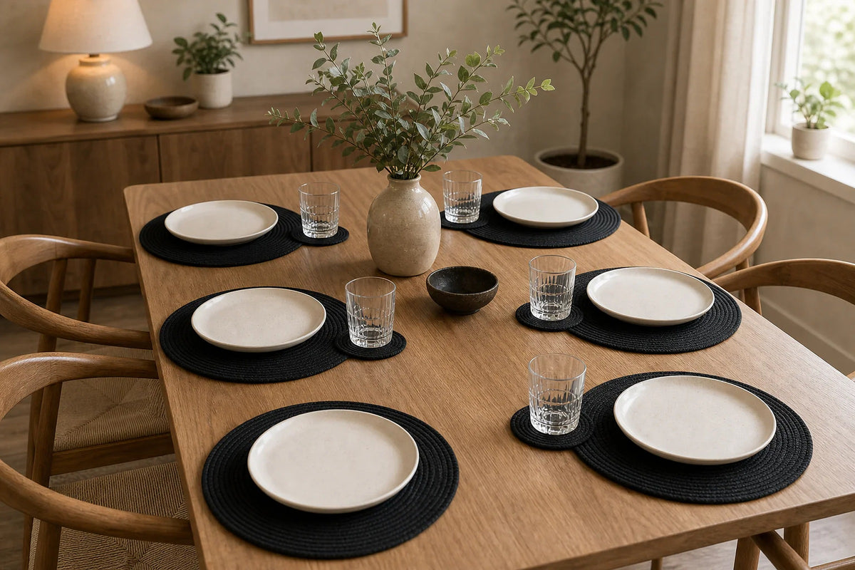 Cozy Haven Round Braided Placemat and Coaster Set styled in a home setting