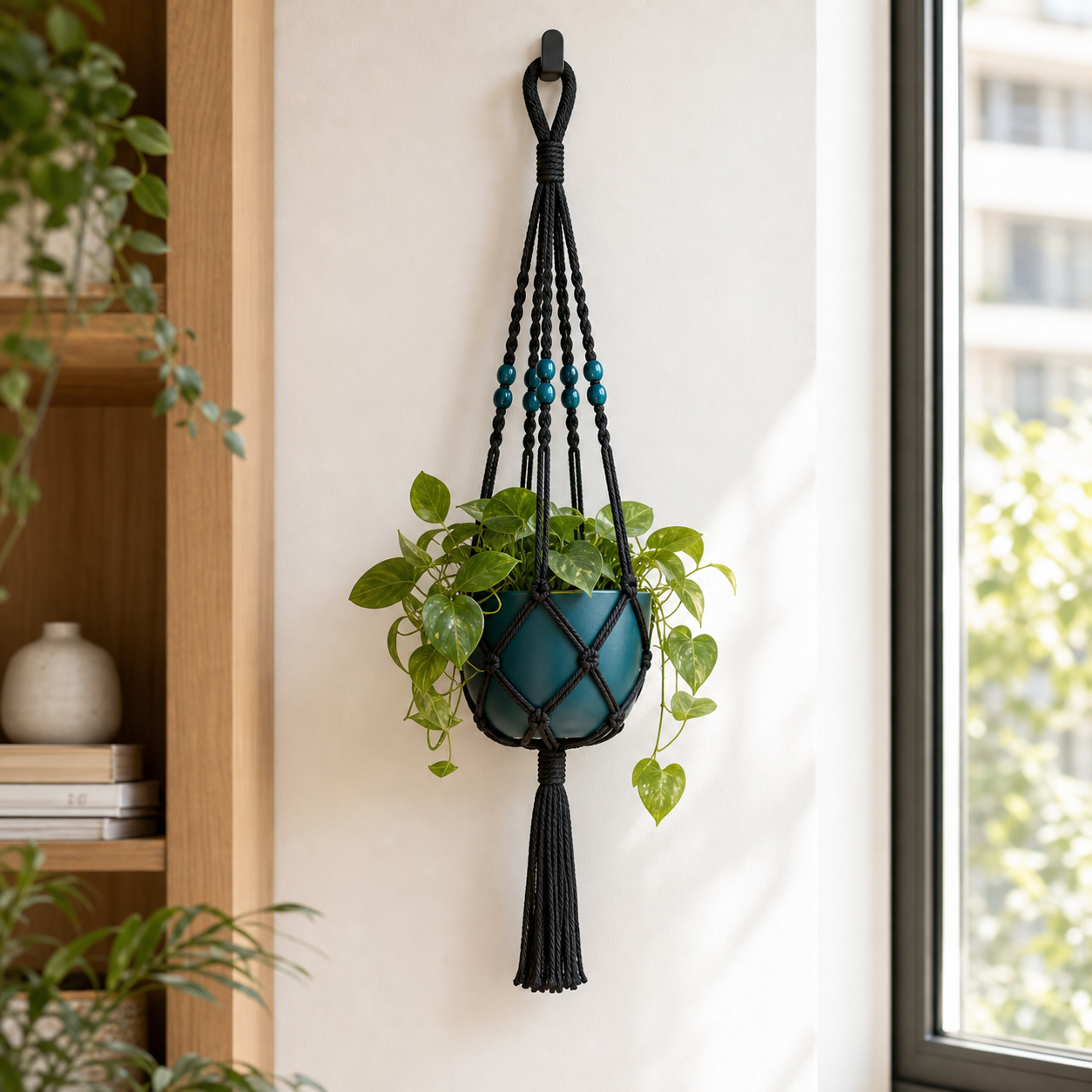 Cozy Haven Macrame Plant Hanger - black 50 cm macrame plant hanger in a sunlit wall setting