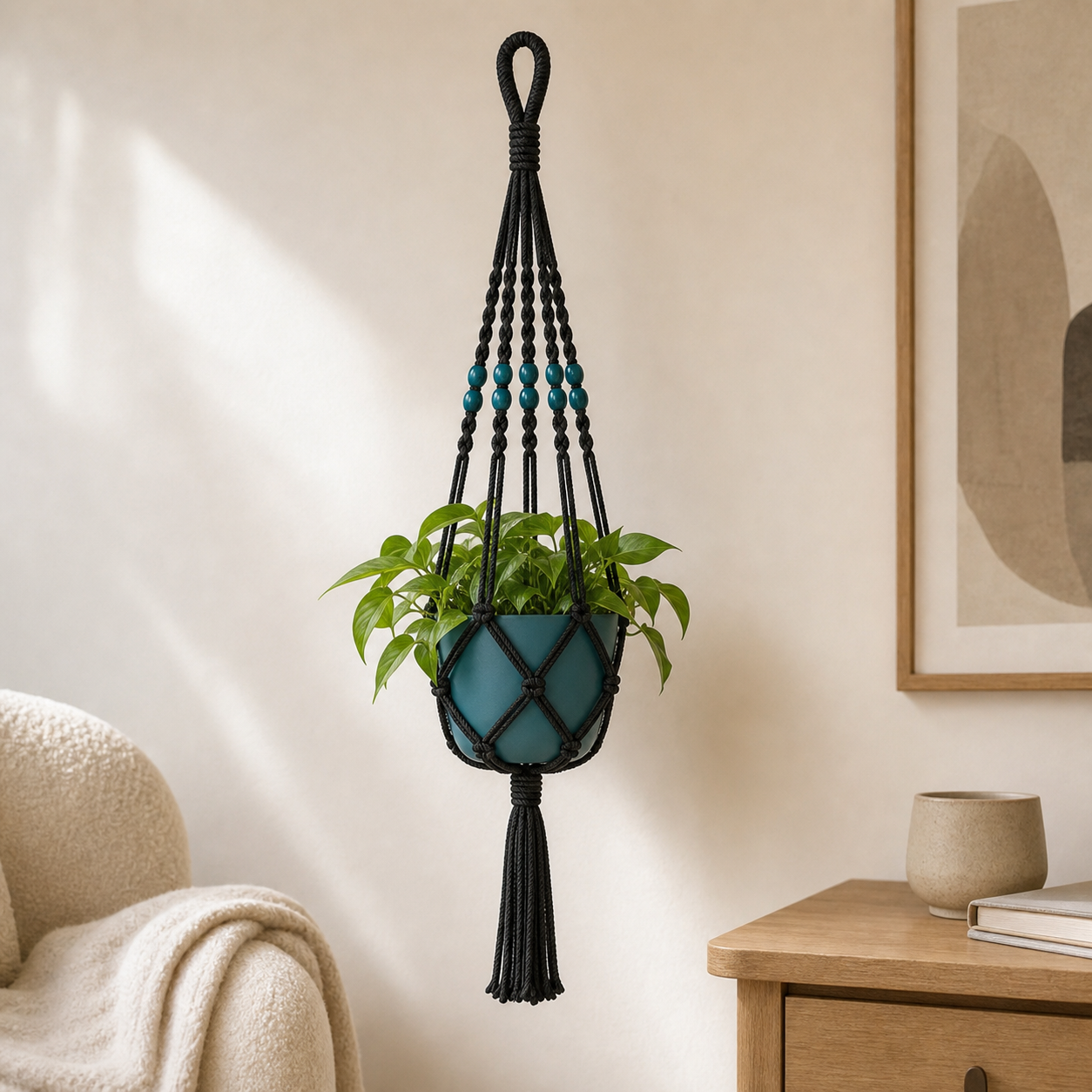Cozy Haven Macrame Plant Hanger - black 50 cm macrame plant hanger in a reading nook