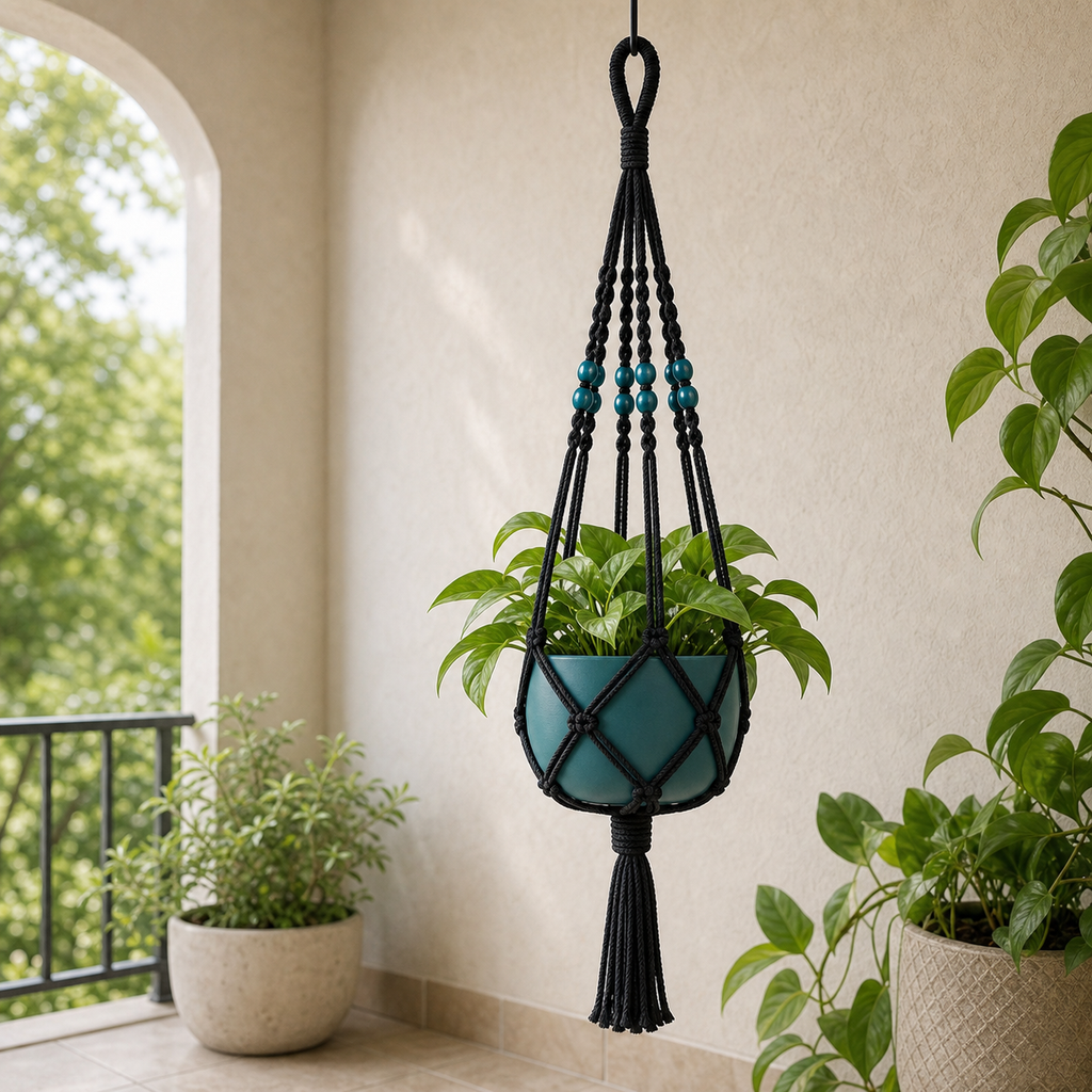 Cozy Haven Macrame Plant Hanger - black 50 cm macrame plant hanger on a covered balcony