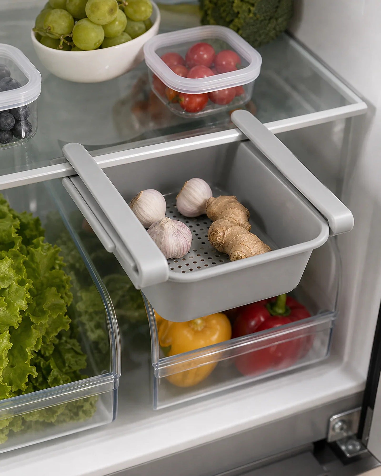 Cozy Haven gray vented under-shelf fridge drawer with produce