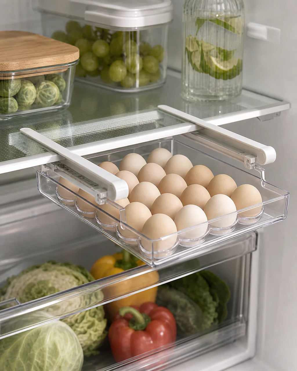 Cozy Haven under-shelf fridge egg drawer with eggs