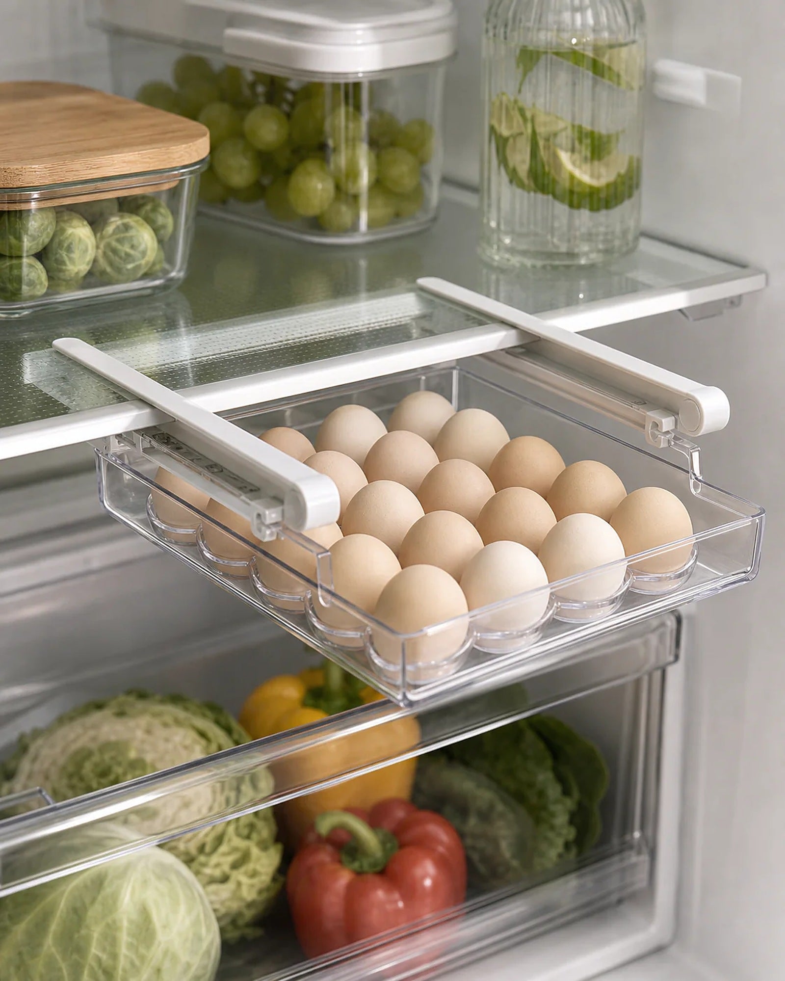 Cozy Haven under-shelf fridge egg drawer with eggs