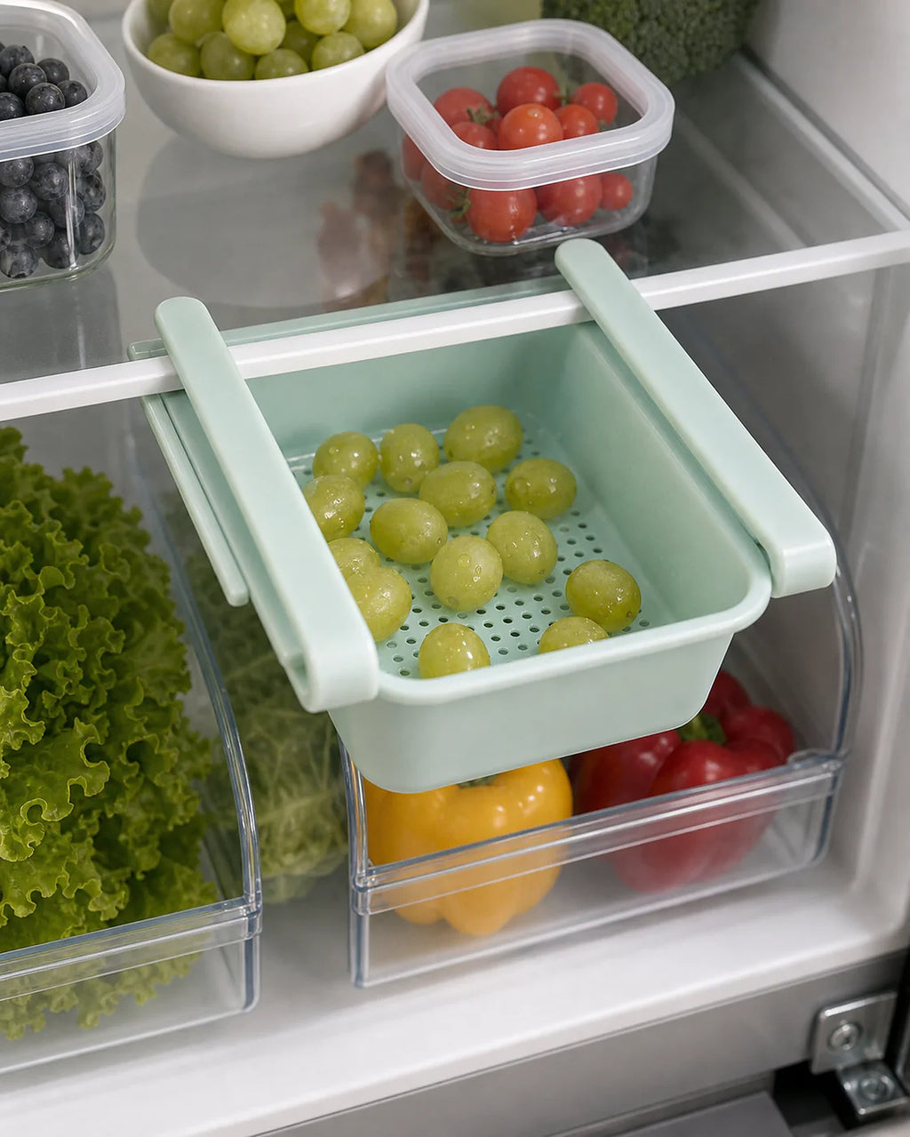 Cozy Haven green vented under-shelf fridge drawer with grapes