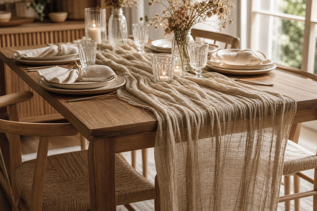 Khaki gauze table runner styled on a rectangular oak dining table with ceramic place settings