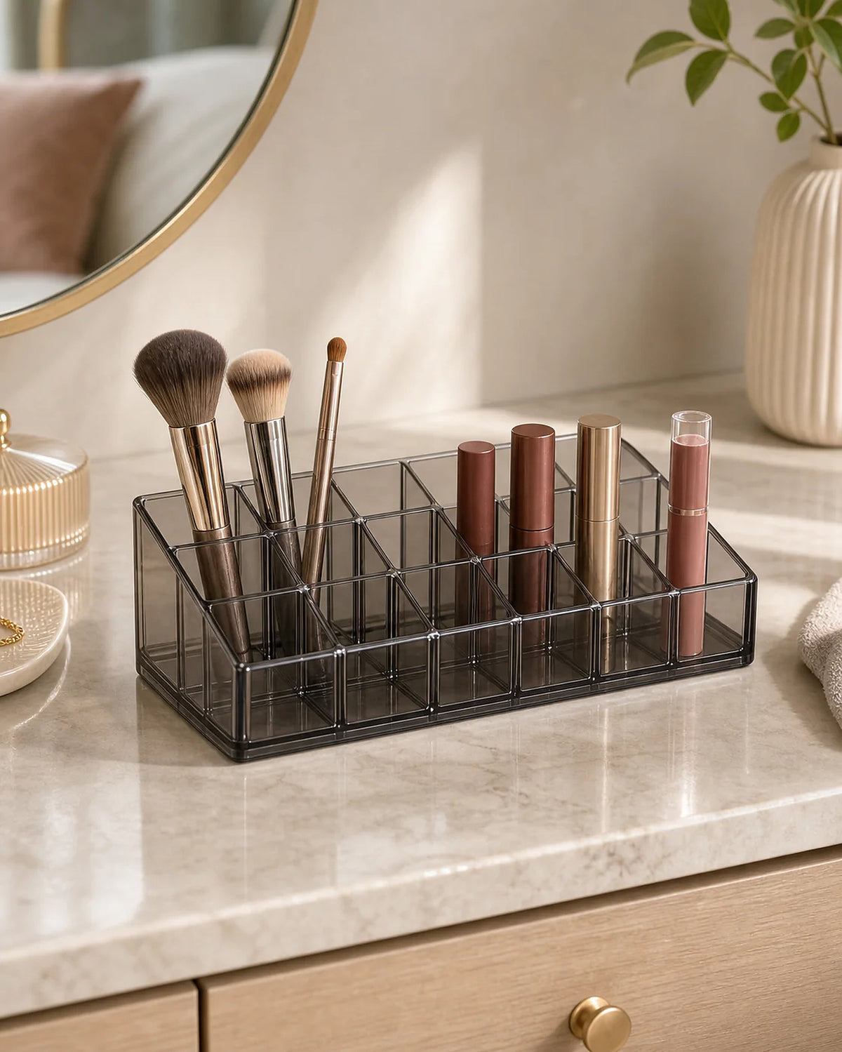 Cozy Haven Acrylic Makeup Organizer styled in a home setting