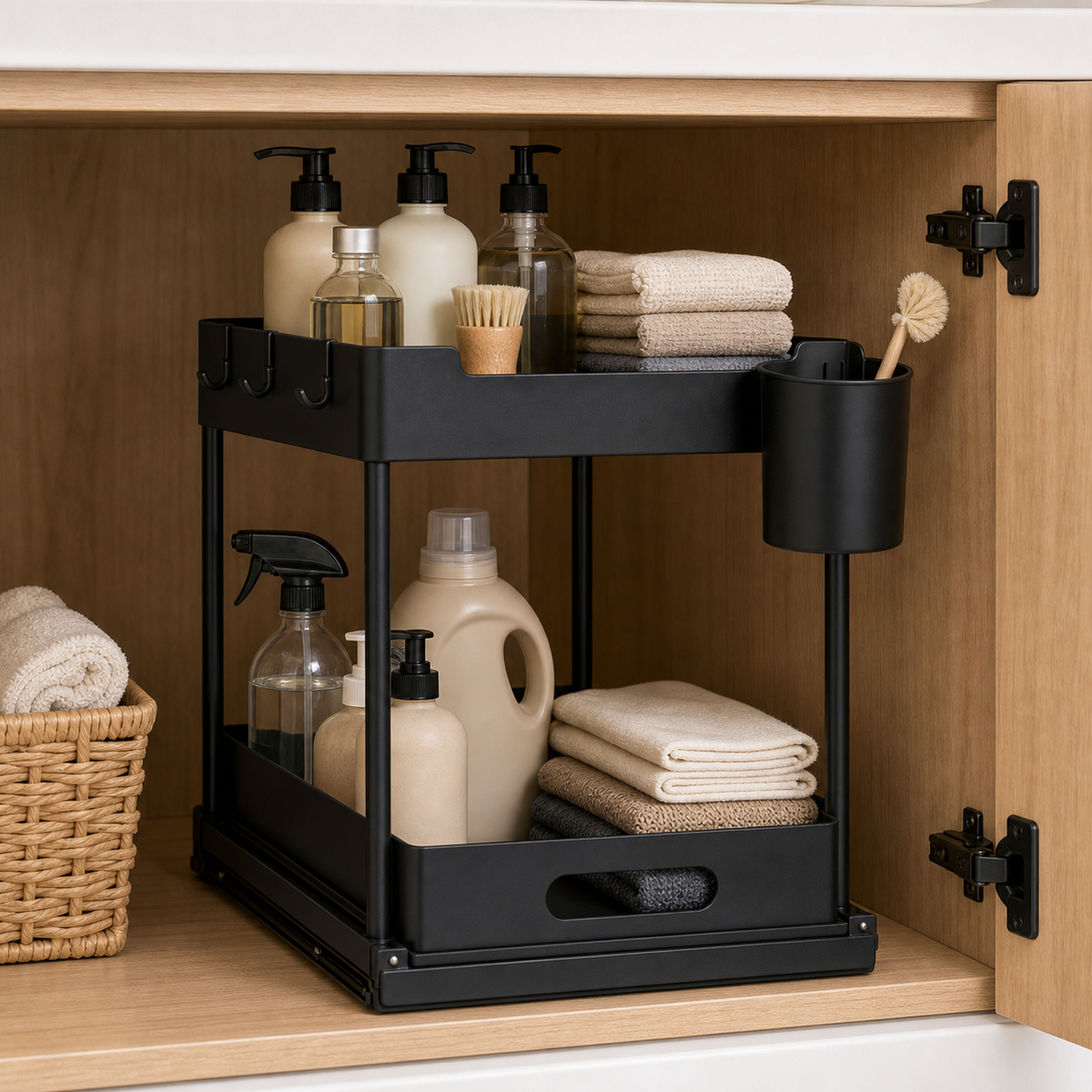 Cozy Haven Two-Tier Cabinet Basket Organizer styled in a home setting