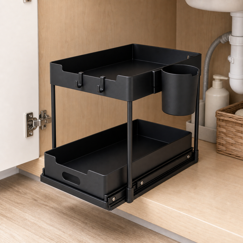 Cozy Haven Two-Tier Cabinet Basket Organizer - black two-tier cabinet organizer empty detail
