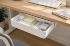 White medium adhesive under-desk drawer organizer below a workspace