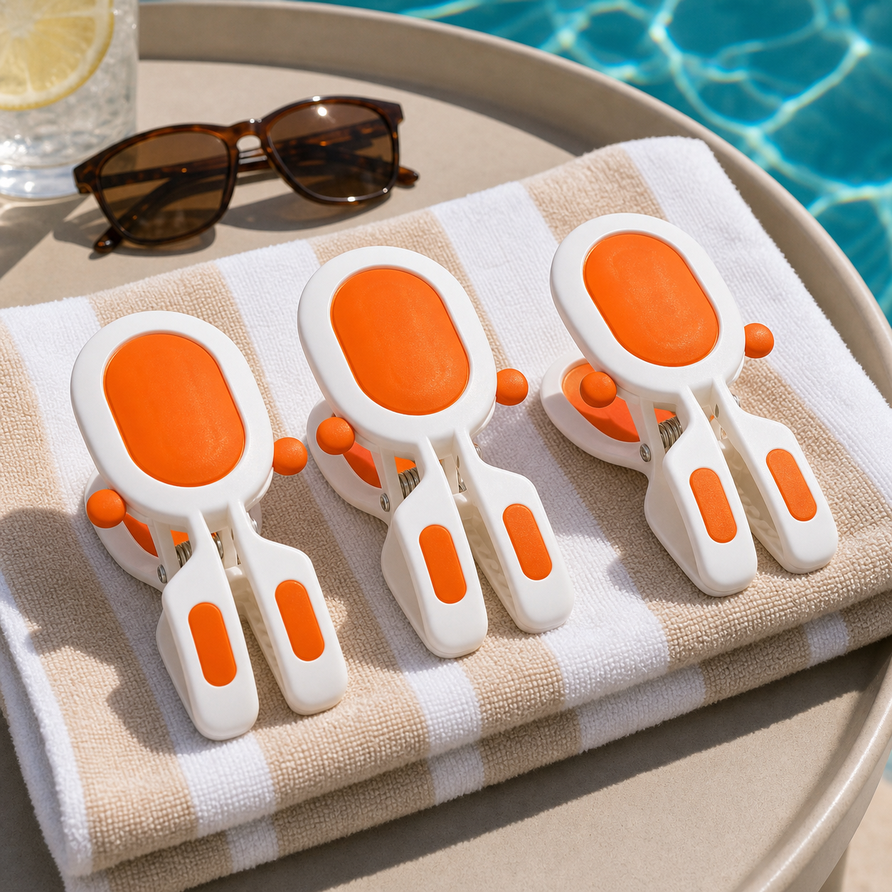 Cozy Haven Large Beach Towel Clips - orange 3-piece set detail